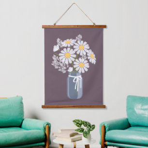 White Daisies Mason Jar auf Dunkel Lila Wandteppich Mit Holzrahmen