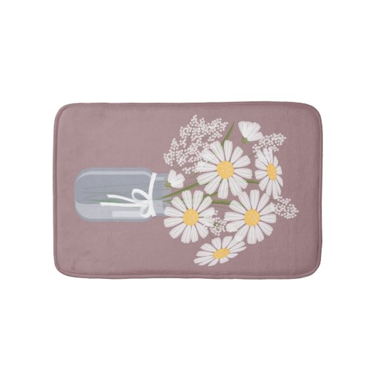 White Daisies Mason Jar auf dunkelrosa Badematte (Vorderseite)
