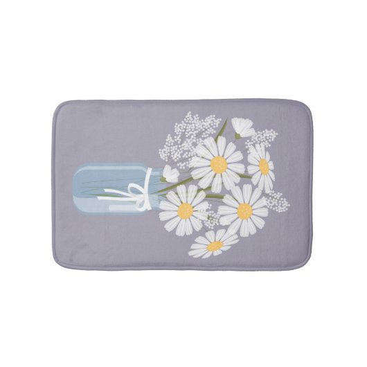 White Daisies Mason Jar auf Lavender Badematte (Vorderseite)