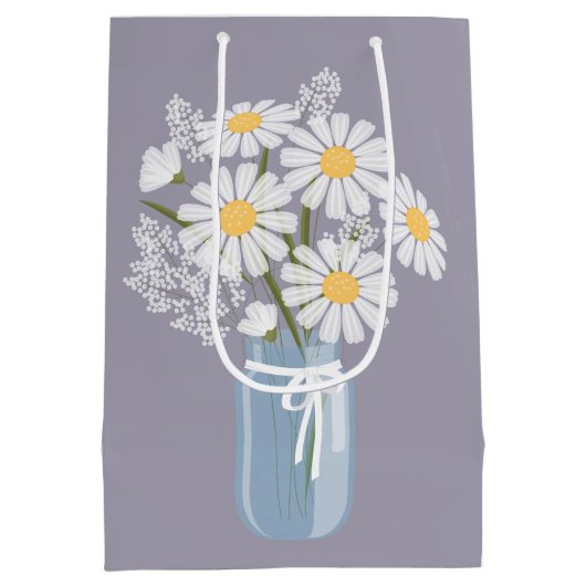 White Daisies Mason Jar auf Lavender Mittlere Geschenktüte (Rückseite)