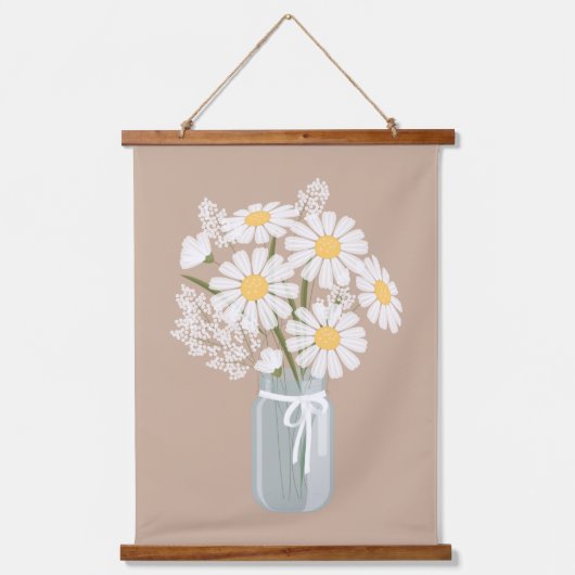 White Daisies Mason Jar auf Rustikal Beige Wandteppich Mit Holzrahmen (Vorderseite)