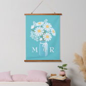 White Daisies Mason Jar Monogram auf Aquamarin Wandteppich Mit Holzrahmen (Schlafzimmer)