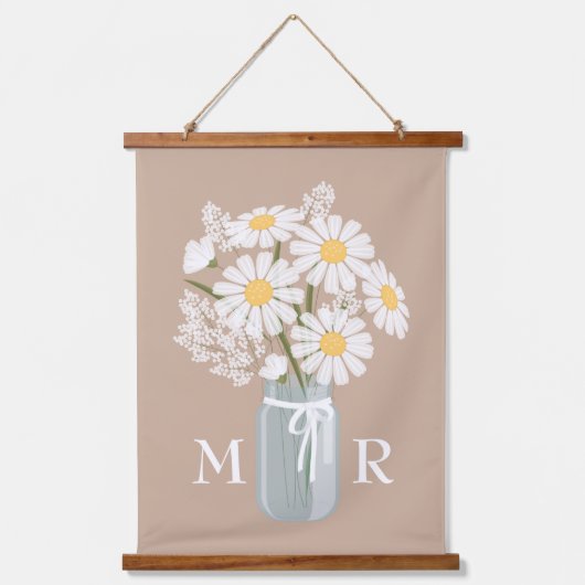White Daisies Mason Jar Monogram auf Beige Wandteppich Mit Holzrahmen (Vorderseite)
