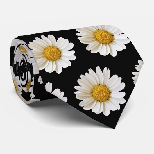 White Daisies Muster auf Black Neck Tie Krawatte (Gerollt)