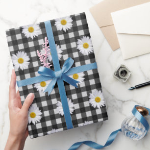 White Daisies on Black and White Gingham Geschenkpapier