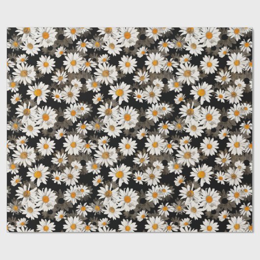 White Daisies on Black Geschenkpapier (Flach)