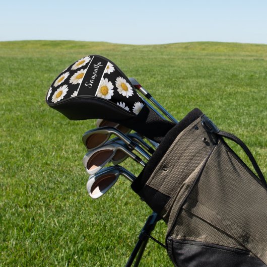 White Daisies on Black Personalisiert Golf Headcover (In SItu)