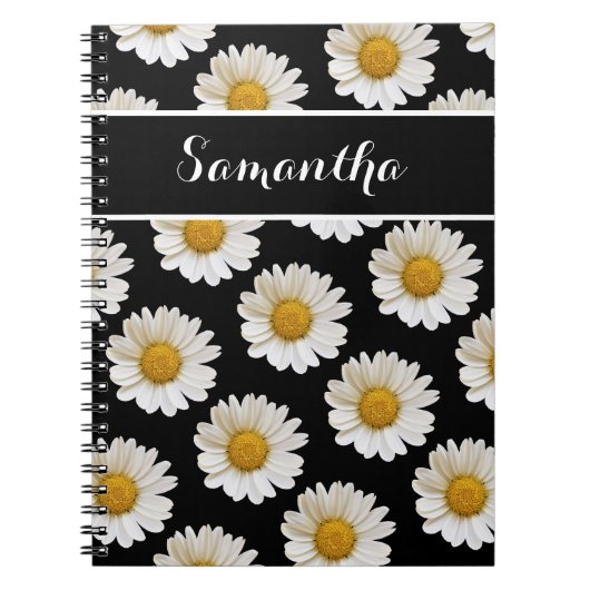 White Daisies on Black with Individuelle Name Notizblock (Vorderseite)