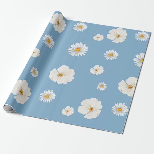 White Daisies on Blue Geschenkpapier (Ungerollt)