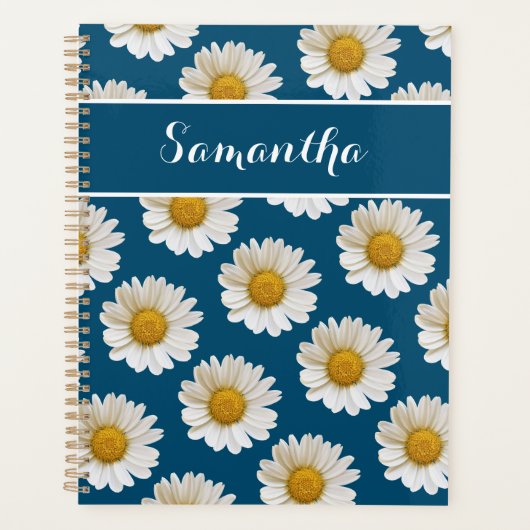 White Daisies on Blue mit Individuelle Name Planer (Vorderseite)
