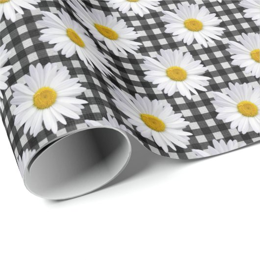 White Daisies on Gingham Geschenkpapier (Rolleneckpunkt)