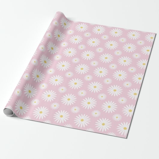 White Daisies On Pink Geschenkpapier (Ungerollt)