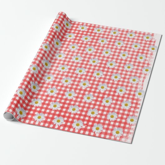 White Daisies on Red and White Gingham Geschenkpapier (Ungerollt)