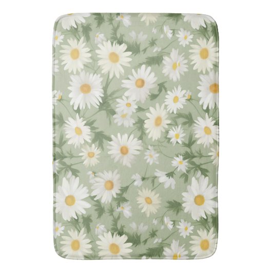 White Daisies on Sage Green Badematte (Vorderseite Vertikal)