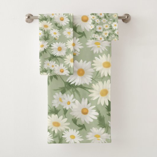 White Daisies on Sage Green Badhandtuch Set (Insitu)