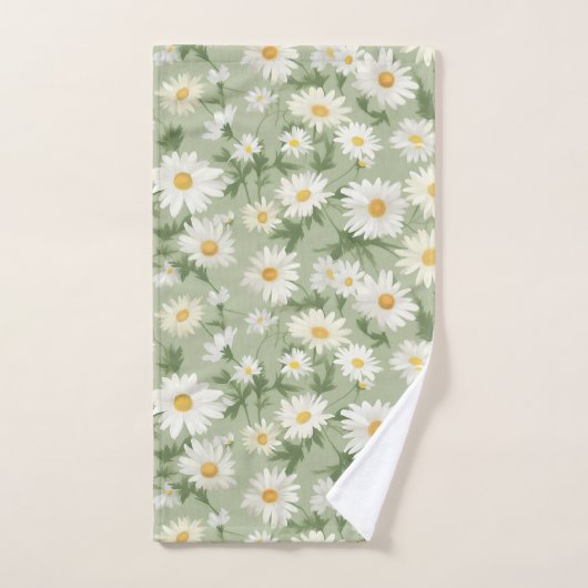 White Daisies on Sage Green Badhandtuch Set (Handtuch)