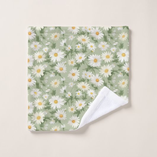 White Daisies on Sage Green Badhandtuch Set (Waschlappen)