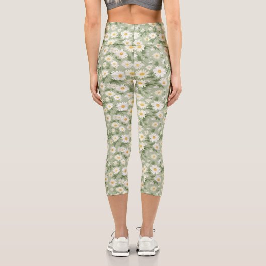 White Daisies on Sage Green Capri Leggings (Rückseite)