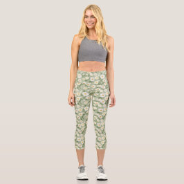 White Daisies on Sage Green Capri Leggings
