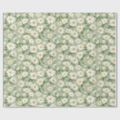White Daisies on Sage Green Geschenkpapier (Flach)
