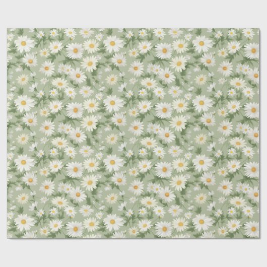 White Daisies on Sage Green Geschenkpapier (Flach)
