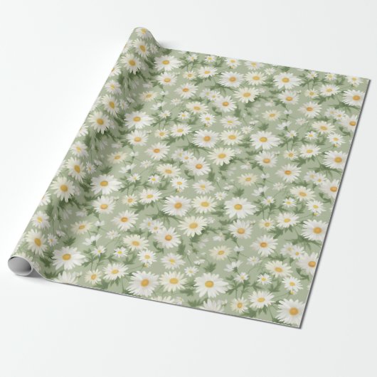 White Daisies on Sage Green Geschenkpapier (Ungerollt)