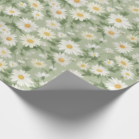 White Daisies on Sage Green Geschenkpapier (Ecke)
