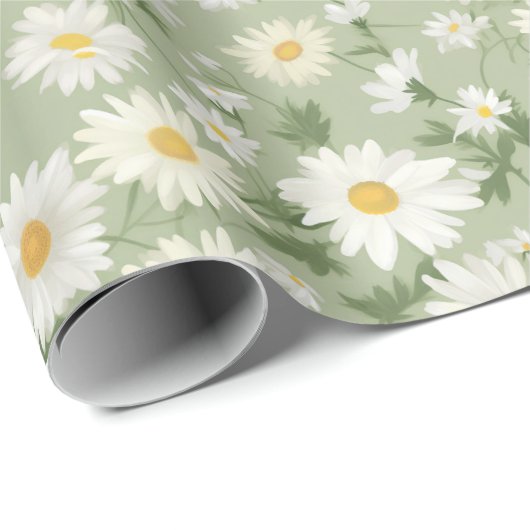 White Daisies on Sage Green Geschenkpapier (Rolleneckpunkt)
