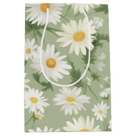 White Daisies on Sage Green Mittlere Geschenktüte