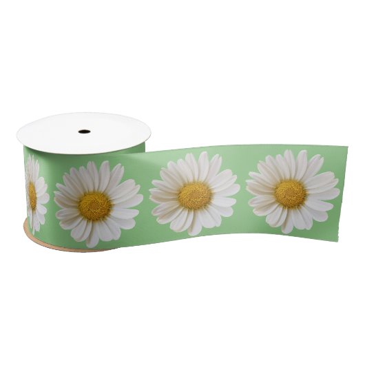 White Daisies on Sage Green Satinband (Spule)