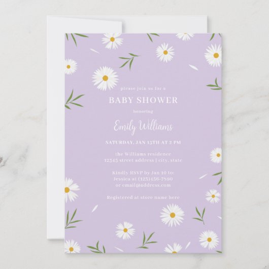 White Daisies Pastel Lila Minimalistische Babydusc Einladung (Vorderseite)