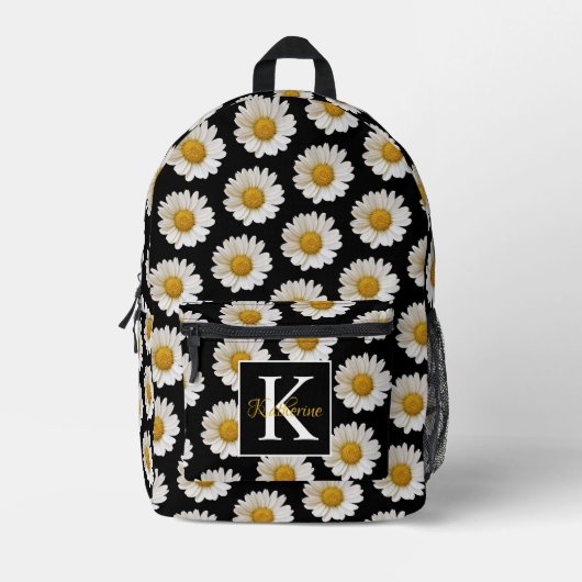 White Daisies Pattern Black Monogram Bedruckter Rucksack (Vorderseite)