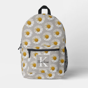 White Daisies Pattern Gray Monogram Bedruckter Rucksack