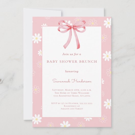 White Daisies Pink Bow Ribbon Baby Shower Brunch  Einladung (Vorderseite)