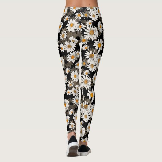 White Daisies über schwarzes Blumenmuster Leggings (Rückseite)