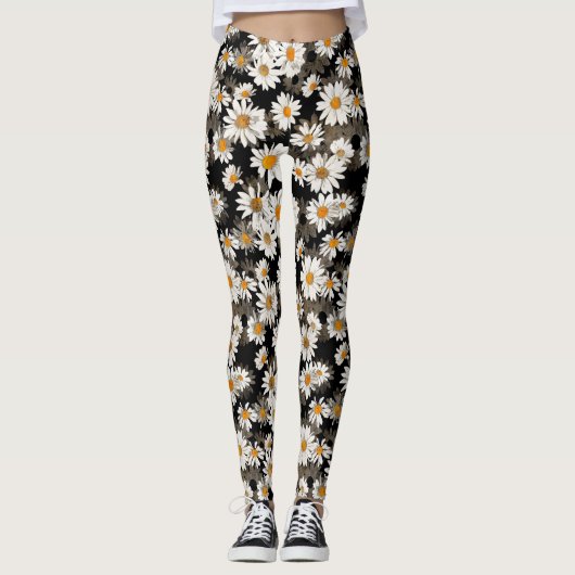 White Daisies über schwarzes Blumenmuster Leggings (Vorderseite)