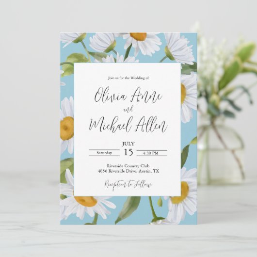 White Daisies Watercolor Blue Wedding Einladung (Stehend Vorderseite)