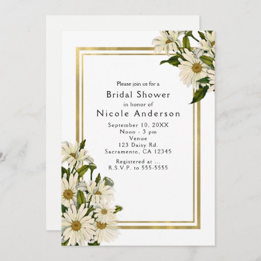 White Daisis & Gold Elegante Rustikale Einladungen (Vorne/Hinten)