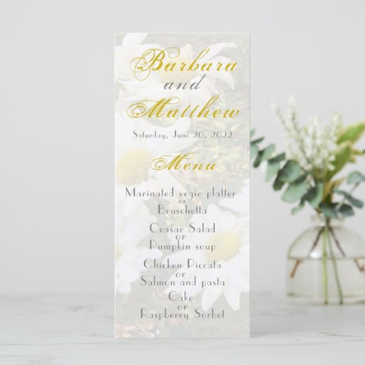 White Daisis Yellow and Grey Script Wedding Menu (Stehend Vorderseite)