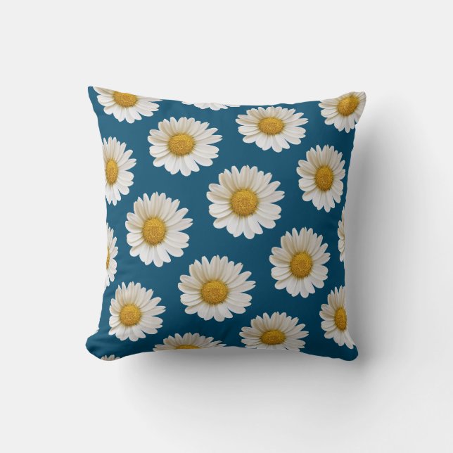 White Daisisis Muster auf Ocean Blue Throw Kissen (Vorderseite)