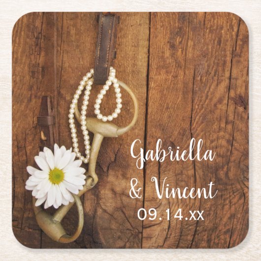 White Daisy and Horse Bit Country Western Hochzeit Rechteckiger Pappuntersetzer (Vorderseite)