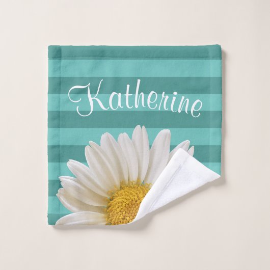 White Daisy Aquamarin Streifen Personalisiert Badhandtuch Set (Waschlappen)
