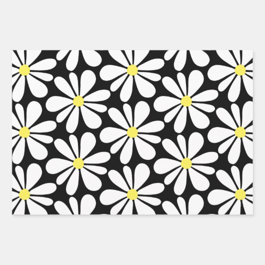 White Daisy auf Black Floral Geschenkpapier Set (Vorderseite)