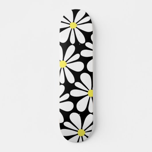 White Daisy auf Black Floral Skateboard (Vorne)