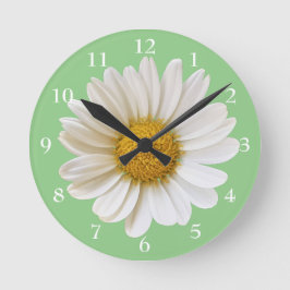White Daisy auf Sage Green Floral Runde Wanduhr
