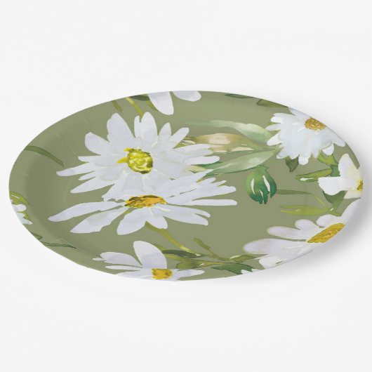 White Daisy | Babydusche Sommerblütenblüte Pappteller (Schrägansicht)
