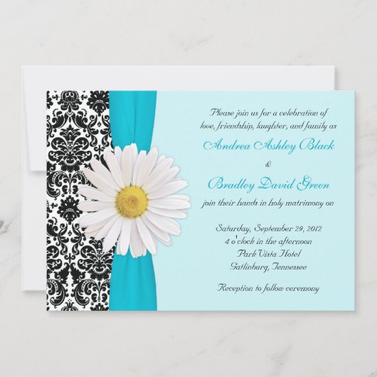 White Daisy Blue Black Damask Einladung (Vorderseite)