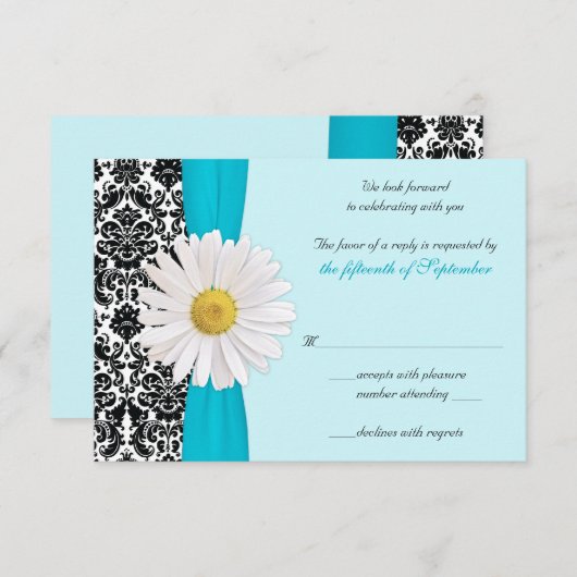 White Daisy Blue Black Damask Wedding Repair Card RSVP Karte (Vorne/Hinten)
