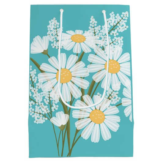 White Daisy Blume auf Aquamarin Mittlere Geschenktüte (Rückseite)