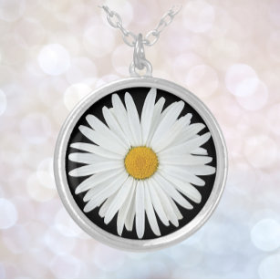 White Daisy Blume auf Black Floral Versilberte Kette